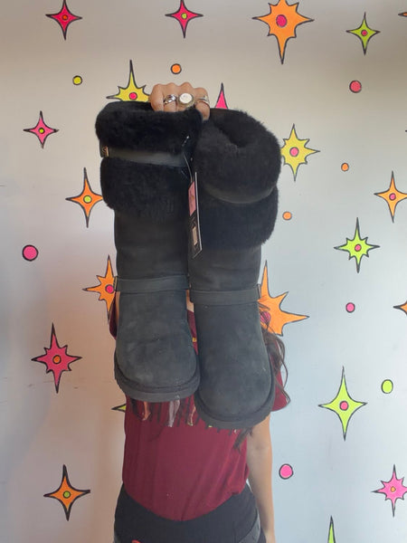 Y2K UGG Australia Sheepskin Genuine Leather Classic Black Winter Boots US 7