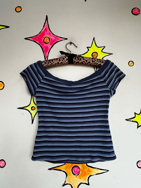 Vintage 90s Y2K Blue Striped Ribbed Crop Top Tee - Fairy Grunge Indie - M