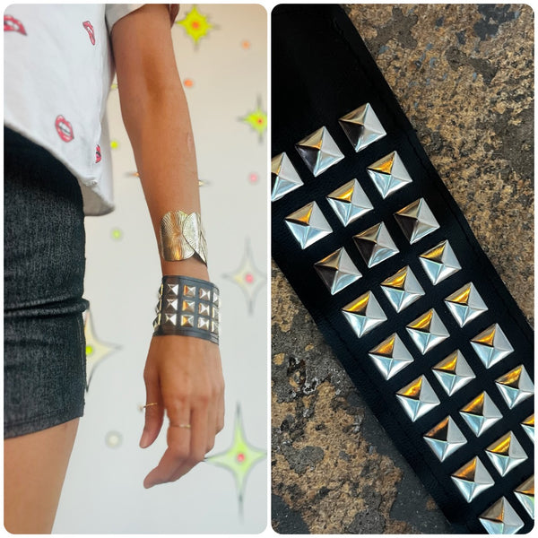 Vintage Black Vegan Leather Pyramid Studded Embellished Leather Punk Bracelet