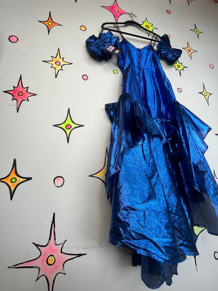 Vintage 80s Blue Metallic Party Dress Glam Poofy Prom New Wave Gown M