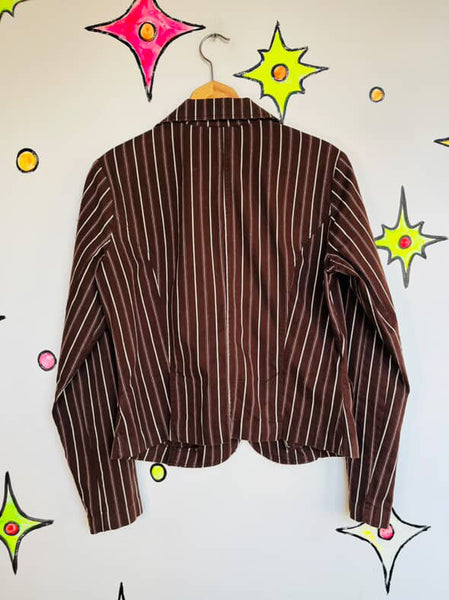 Y2K Preppy Glam Brown Pinstripe Blazer – White & Pink Stripes Office Siren – XL