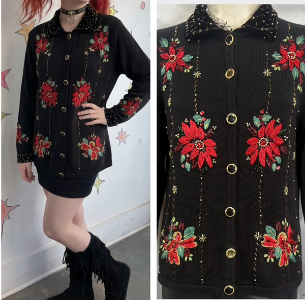 Vintage 80s 90s Black Ugly Tacky Christmas Sweater Cardigan Poinsettia - M
