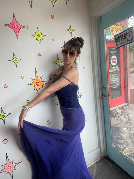 90s Y2K Royal Purple Sweetheart Ruched High Slit Rhinestone Maxi Prom Dress XS/S
