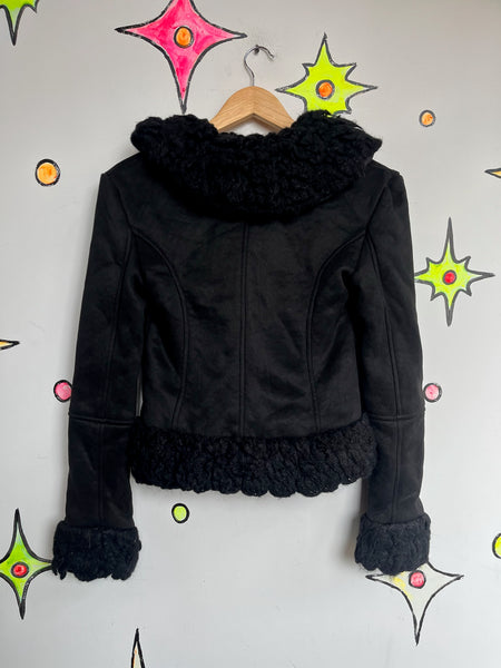 Y2K Black Faux Fur Trim Jacket Fairy Grunge Whimsy Goth Glam - XS