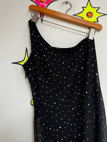 Vintage Y2K Dance Costume ' Black & Silver Glitter Circus Leotard Playsuit - Goth Glam