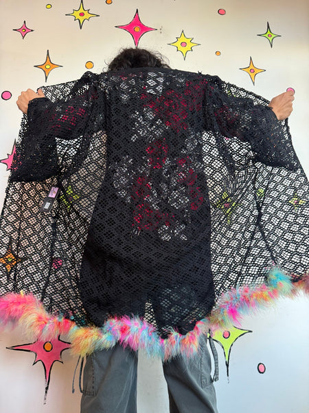 Y2K Rainbow Feather Trim Kimono Rave Cyber Grunge Japanese Streetwear