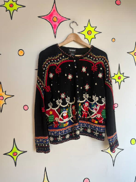Vintage 80s 90s Black Ugly Tacky Christmas Sweater Cardigan Santa & Snowman – M
