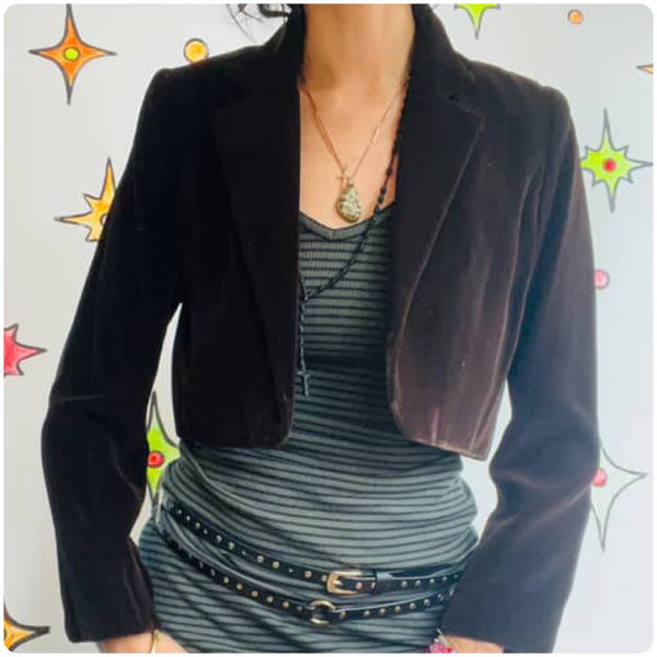 Vintage Chocolate Brown Boho Velvet Cropped Jacket – Romantic Goth Grunge – S