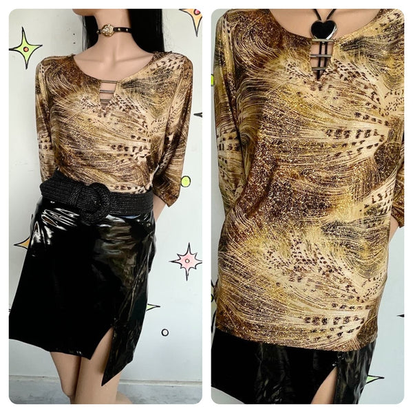 Y2K Gold Glitter Leopard Print Top | Glitchy Glam Indie Sleaze Stretch Top L XL