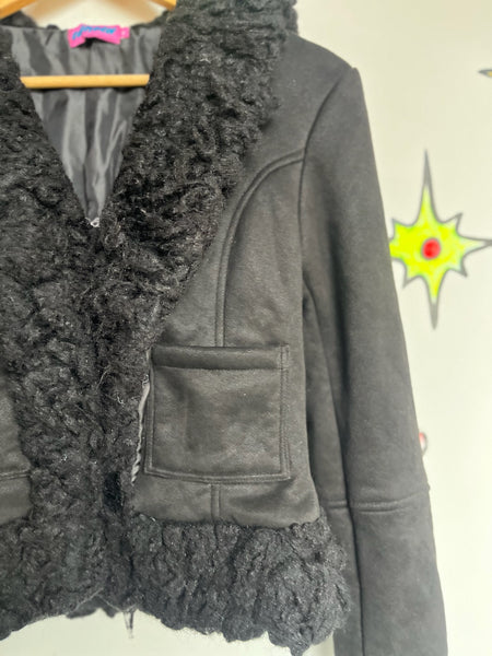 Y2K Black Faux Fur Trim Jacket Fairy Grunge Whimsy Goth Glam - XS