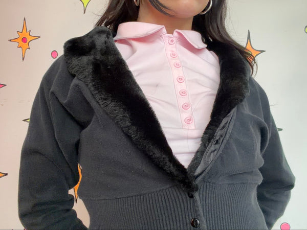 90s Black Faux Fur Trim Cardigan Goth Grunge Glam Cropped Sweater - Large