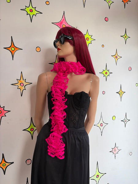 Y2K Hot Pink Barbie Scrunch Scarf Cabbagecore Fairy Grunge Crochet Ruffle Boa