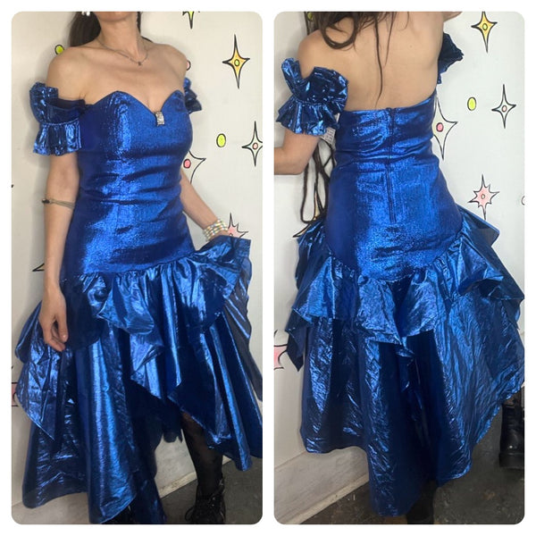 Vintage 80s Blue Metallic Party Dress Glam Poofy Prom New Wave Gown M