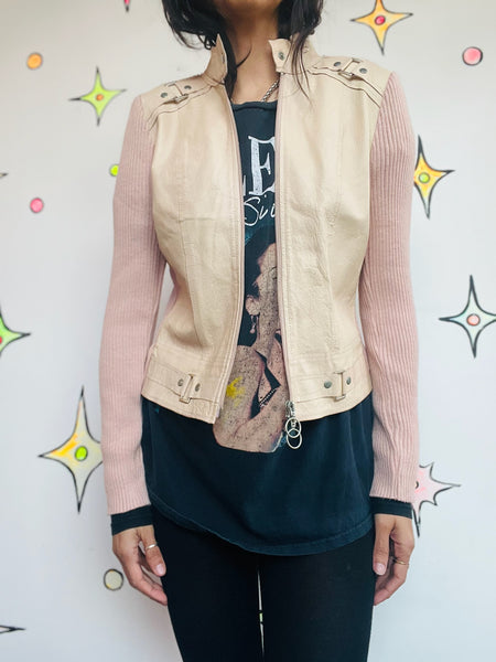 Y2K Pink Leather Jacket | Moto Rib Knit Hybrid Soft Grunge Fairy Ballet Core | S