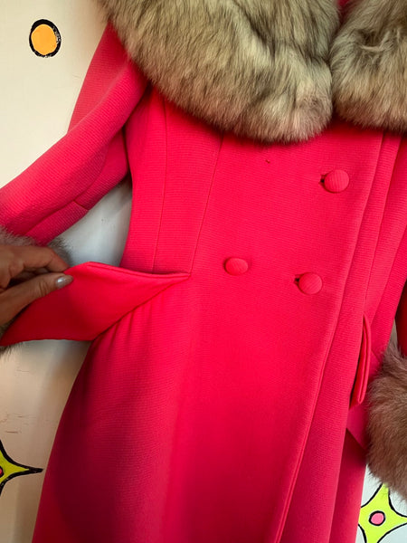 Vintage 60s Lilli Ann Pink Fur Trim Old Hollywood Glam Princess Swing Coat S