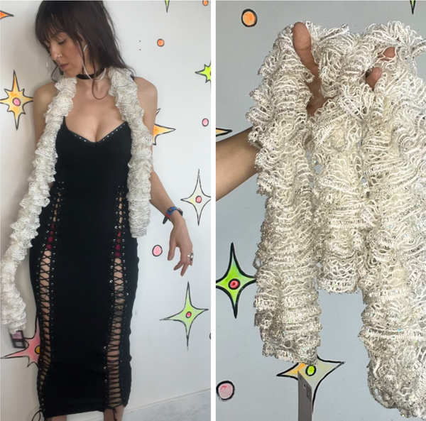 Y2K White Sequin Scrunch Scarf Cabbagecore Fairy Grunge Rococo Ruffle Boa Wrap
