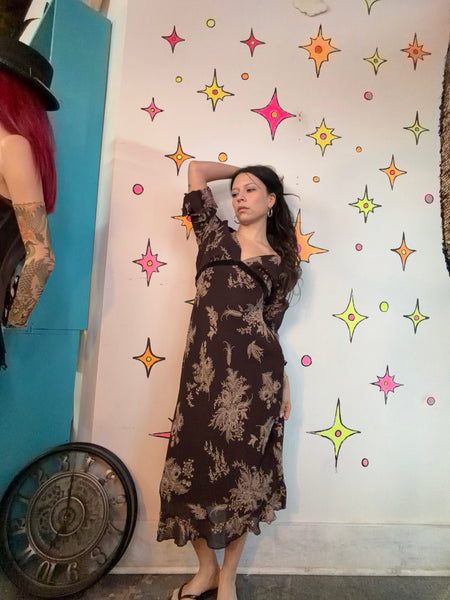 Vintage 90s Black Witchy Boho Gauzy Fairy Grunge Maxi Dress w Side Slit – Size S
