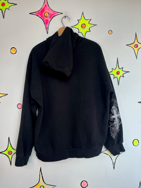 Vintage Y2K Black Mall Goth Grunge Fairy Tattoo Print Romantic Cross Hoodie XL+