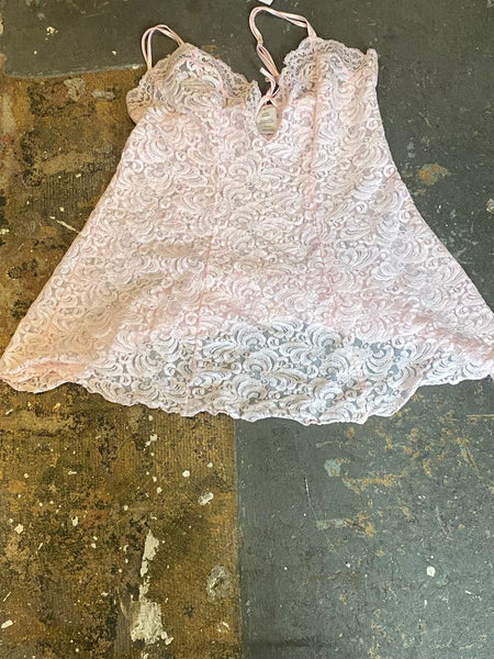 90s Y2K Pink Lace Slip Dress Fairy Grunge Coquette Balletcore Lingerie Mini - L