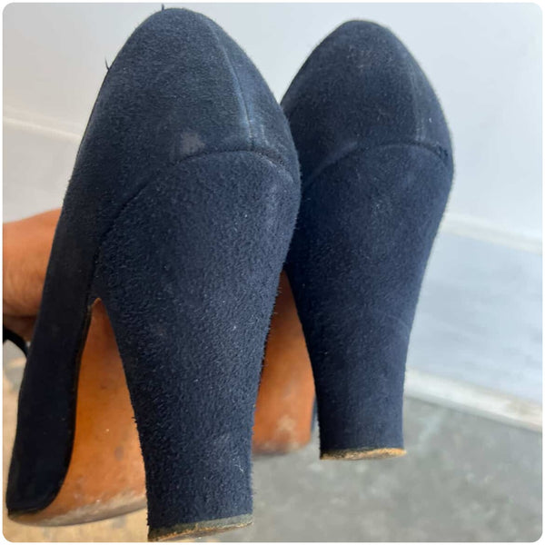 Vintage 1930s Navy Blue French Suede Heels – Cage Cut Out Design – Size 7.5