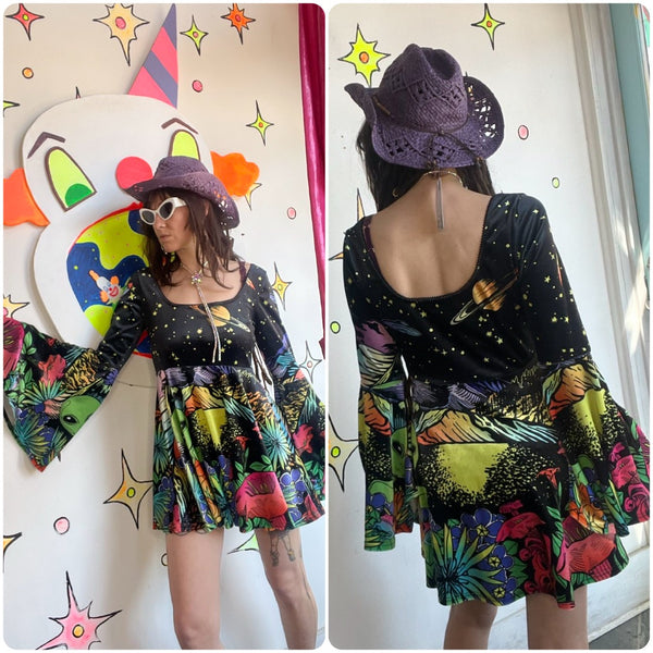 Black Velvet Alien Neon Scene Mini Dress - Bell Sleeves Rave Festival Hippie L