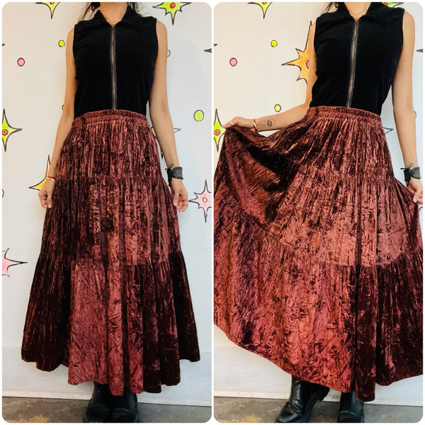 Vintage 90s Y2K Brown Crushed Velvet Boho Tier Maxi Skirt Fairy Grunge One Size