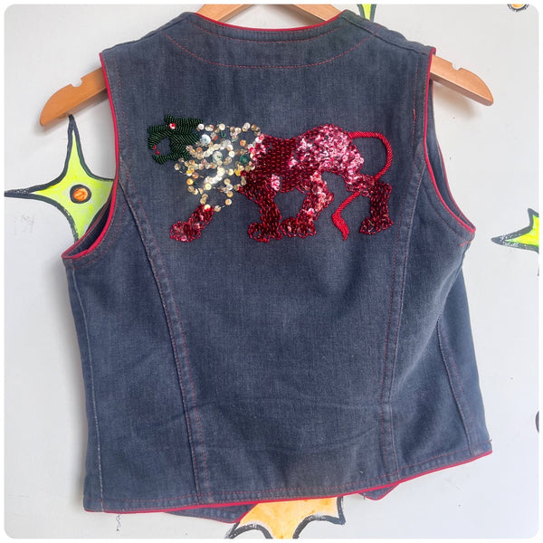 Vintage 60s 70s | Vintage Cropped Western Boho Fittled Beaded Denim Vest | S