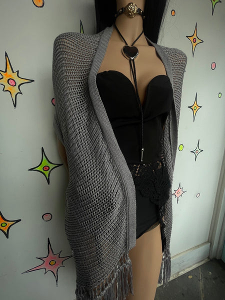Y2K Gray Crochet Duster Vest | Boho Western Fairy Grunge Long Layering Robe