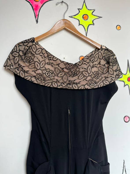 1950s Black Mermaid Wiggle Cocktail Dress | Cascade Ruffles | Old Hollywood | ML