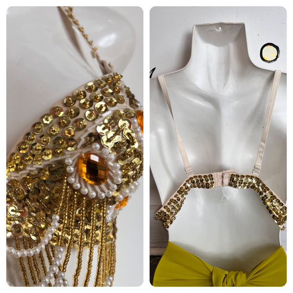 Vintage Gold Beaded Boho Hippie Gypsy Bellydancer Selena Seqin Bustier Bra Top