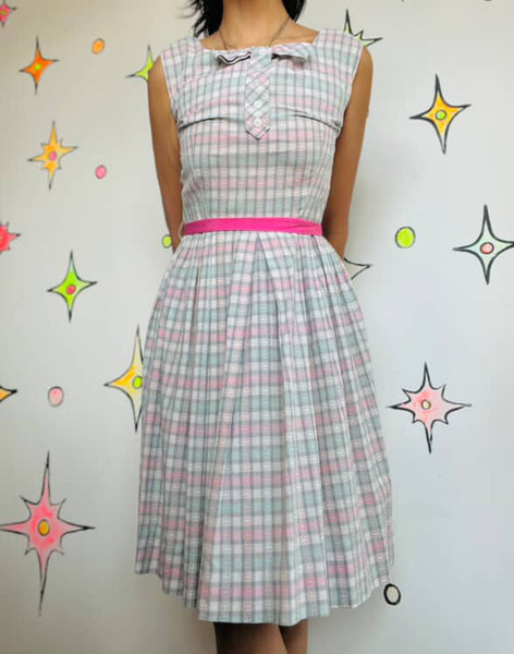Vintage 1950s Pastel Plaid Dress | Bow Neck Fit & Flare | Size 5/6