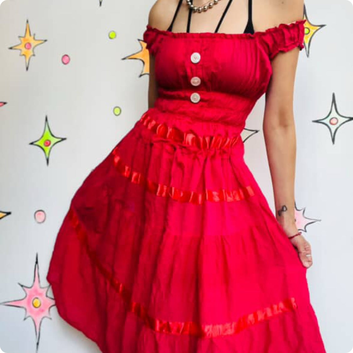 Vintage Red Off-Shoulder Boho Pirate Clown Dress – Flowy Cotton – Small