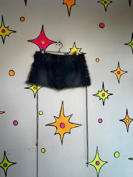 Y2K Indie Sleaze Ultra Mini Denim Skirt Lace Up 2000s Grunge McBling Clubwear XS