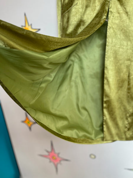 Vintage 90s Y2K Silky Lime Green Robe Boho Grunge Glam Coat w Faux Fur Trim - M