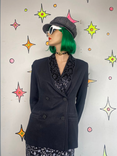 80s Black Sequined Blazer Petite Sophisticate Glam Mob Wife Maximalist S