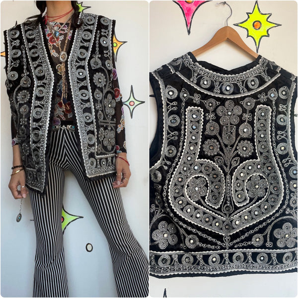 Vintage 60s 70s | Boho Grunge Fairy Metallic Embellished Mirrored Ottoman Vest