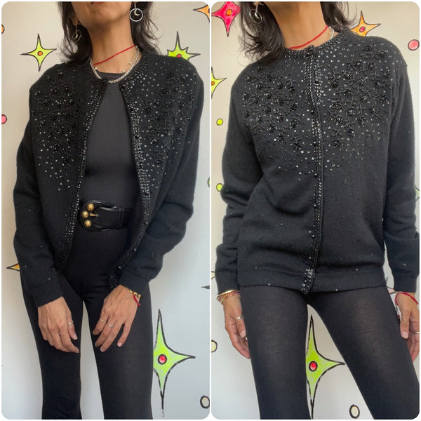 Vintage 1950s | Beaded Black Boho Grunge Whimsy Goth Wool Cardigan Sweater | M L