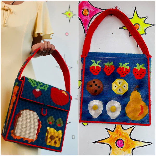 Vintage Kitschy Lunch Bag Purse – Cross-Stitch Sandwich – Handmade Picnic Bag