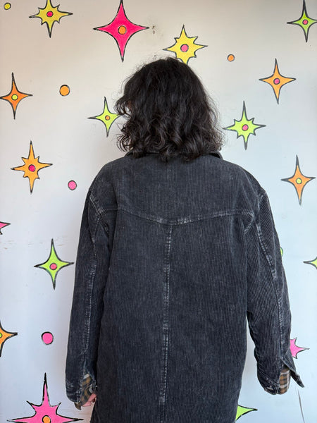 Black Corduroy Chore Coat Oversized Cotton Work Jacket Grunge Goth Utility L