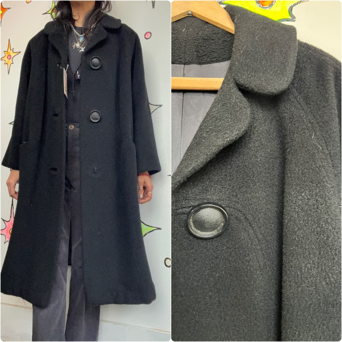 Vintage 50s | Black Wool Classic Old Hollywood Heavy Winter Coat | L