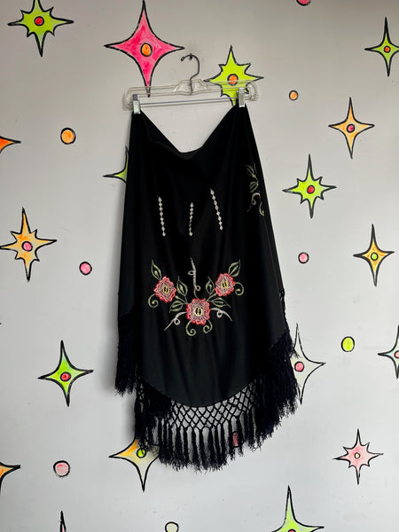 Witchy Black Western Boho Piano Shawl Scarf ' Fringe Red Floral Embroidery