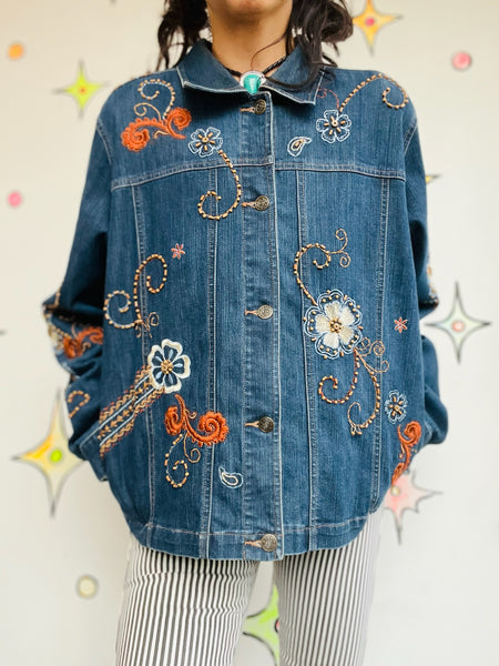 Vintage 90s Y2K Floral Embellished Denim Jacket Boho Fairy Grunge Jean Jacket L