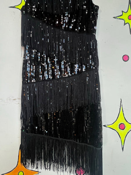Black Sequin Fringe Flapper Dress 1920s Gatsby Party Dress Speakeasy Mini ML