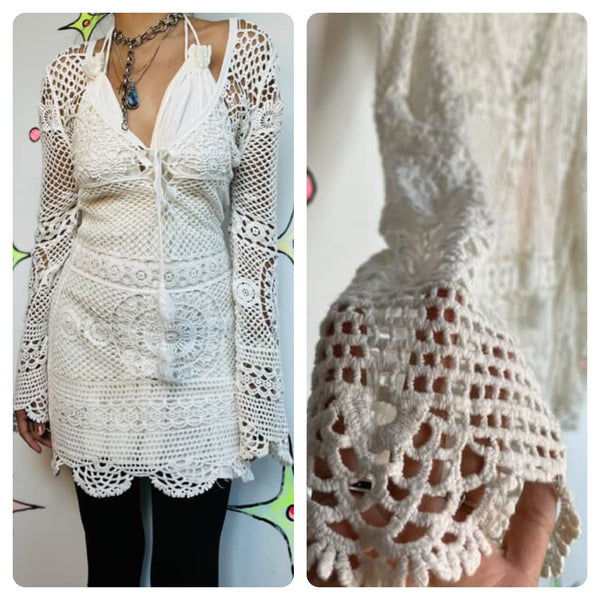 Vintage White Crochet Mini Dress | Fairy Whimsy Boho Grunge Festival Dress | S