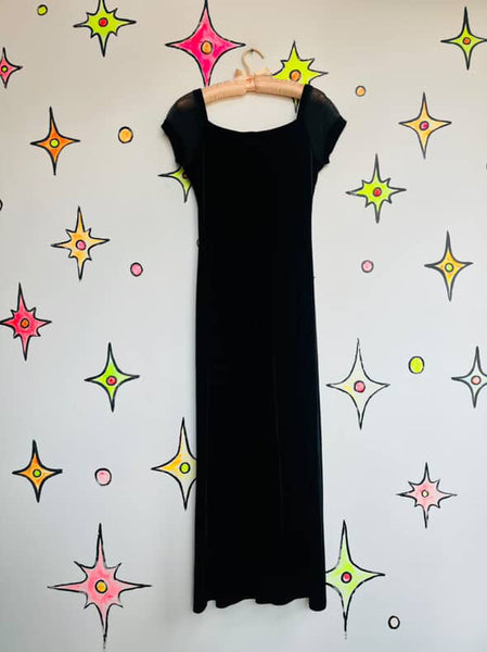 Vintage 90s Black Velvet Maxi Dress w/ Sheer Sleeves – Fairy Grunge Goth – L