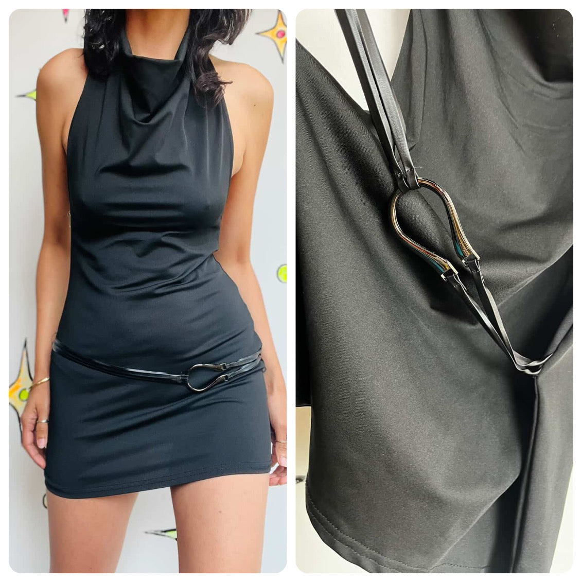 Vintage Y2K Stretchy Cowl Neck LBD | Goth Indie Sleaze Party Mini Dress | Small