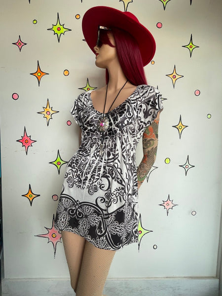 Y2K Black & White Tattoo Graphic Print Tunic Top Fairy Whimsy Goth Grunge L