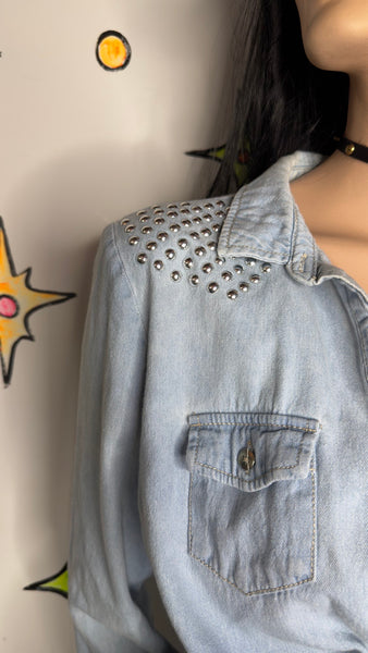Studded Denim Western Shirt Y2K Cowgirl Rodeo Grunge Button Down - Large