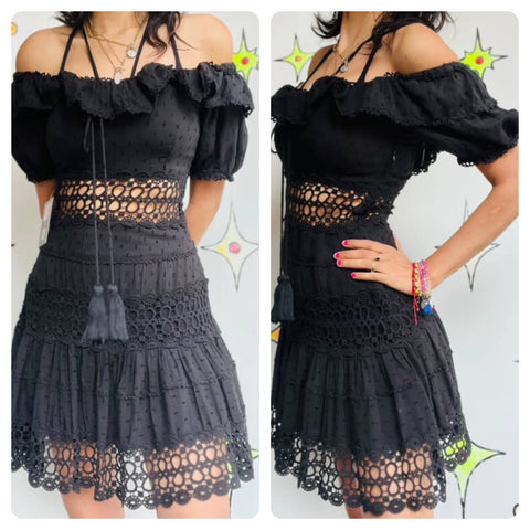 Vintage Y2K | Black Crochet Fairy Grunge Whimsy Goth Witchy Fairycore Dress | 2
