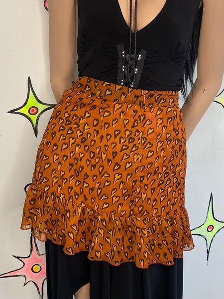 Y2K Orange Heart Print Mini Skirt | Fairy Grunge Ruffle Urban Outfitters Skirt S